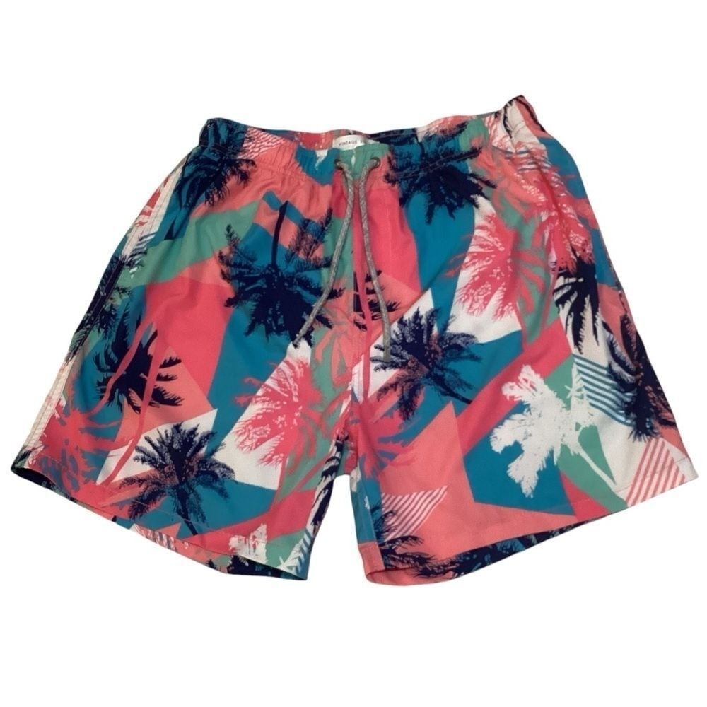 Vintage Summer Mens Swim Trunks XL Pink Teal Palm Tree Geometric Mesh Lined